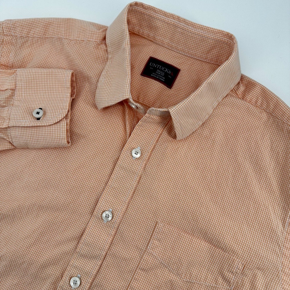UNTUCKit Button Down Shirt Mens Small Orange Micro Gingham Slim Fit Long Sleeve